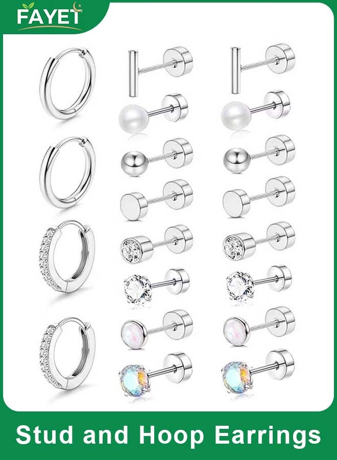 FAYET 10 Pairs (20PCS) Stainless Steel Stud and Hoop Earrings Set for Women, Screwback Flatback Tiny Studs, Pearl and CZ Piercing Jewelry - Image 1